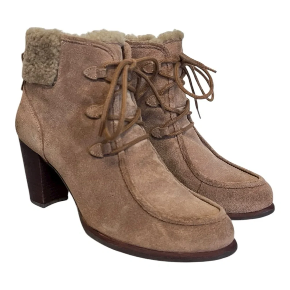 UGG | ANALISE CHESTNUT SUEDE SHEEPSKIN HIGH HEEL ANKLE BOOTS US 8 Vintage Winter